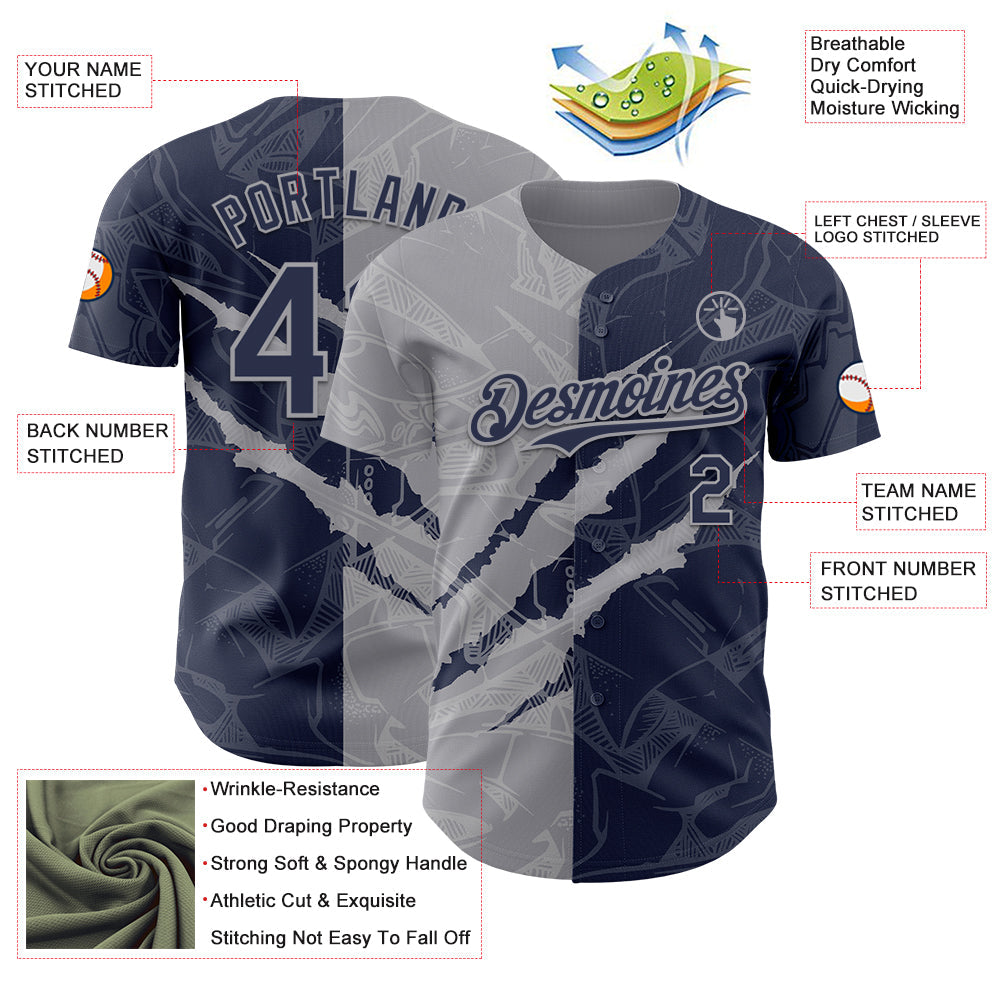 Custom Graffiti Pattern Navy-Gray 3D Scratch Authentic Baseball Jersey view 3