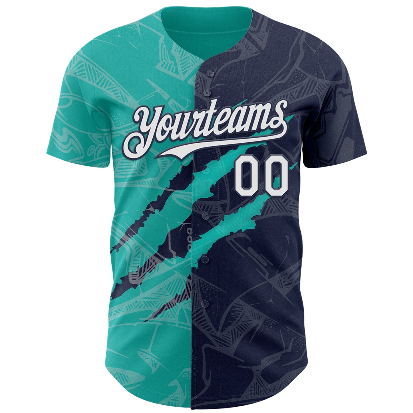 Custom Graffiti Pattern White Navy-Aqua 3D Scratch Authentic Baseball Jersey view 2