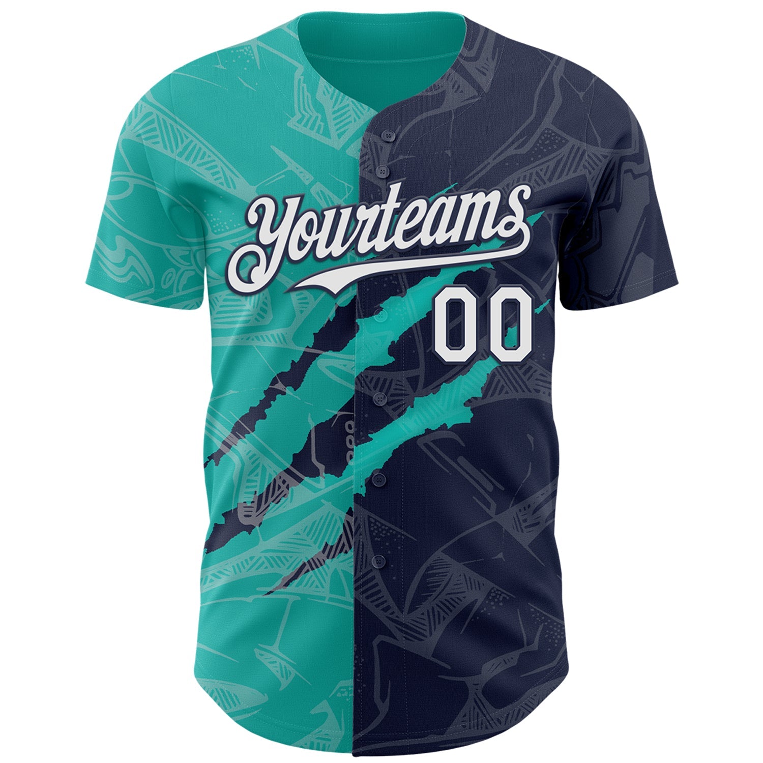 Custom Graffiti Pattern White Navy-Aqua 3D Scratch Authentic Baseball Jersey view 2