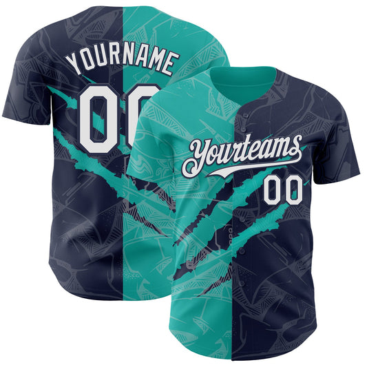 Custom Graffiti Pattern White Navy-Aqua 3D Scratch Authentic Baseball Jersey - Main View