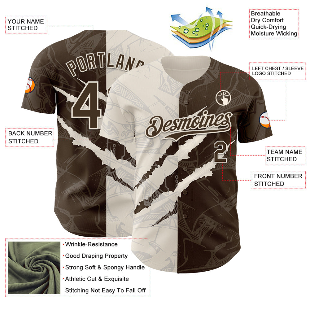 Custom Graffiti Pattern Brown-Cream 3D Scratch Authentic Baseball Jersey view 3