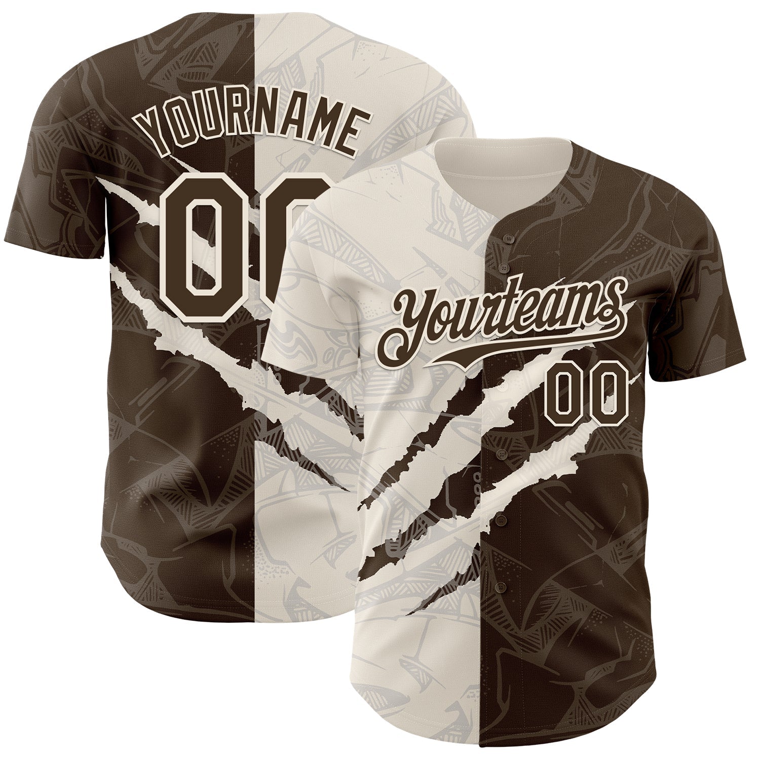 Custom Graffiti Pattern Brown-Cream 3D Scratch Authentic Baseball Jersey - Main View