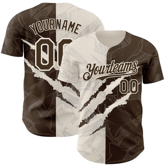 Custom Graffiti Pattern Brown-Cream 3D Scratch Authentic Baseball Jersey - Main View