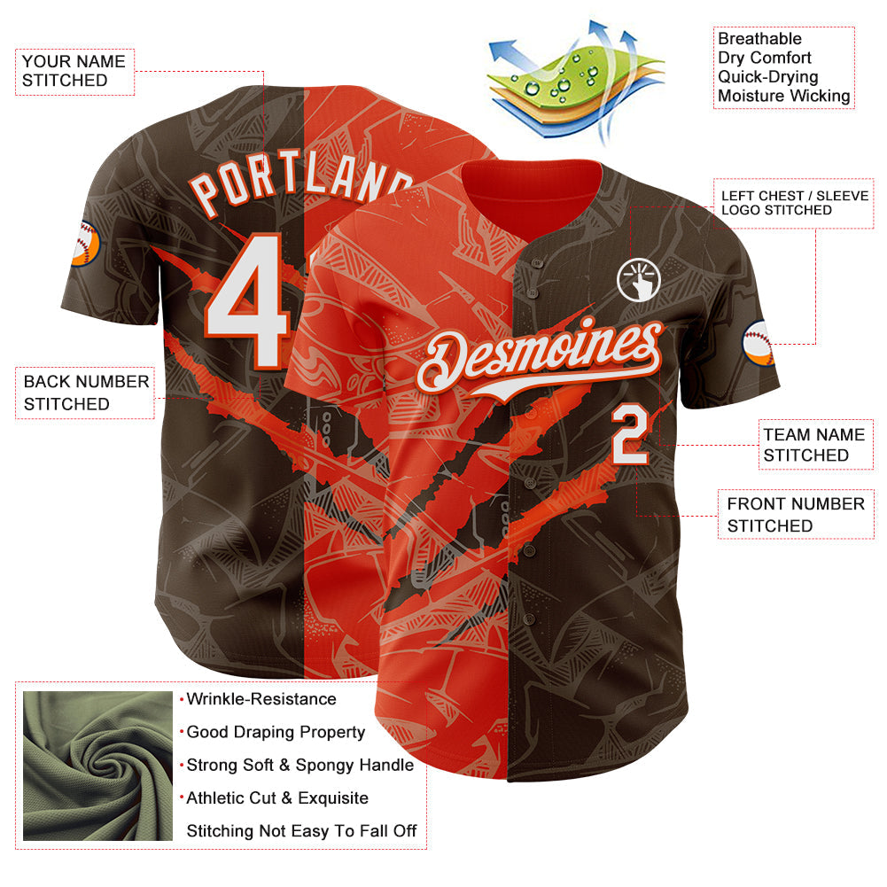 Custom Graffiti Pattern White Brown-Orange 3D Scratch Authentic Baseball Jersey view 3