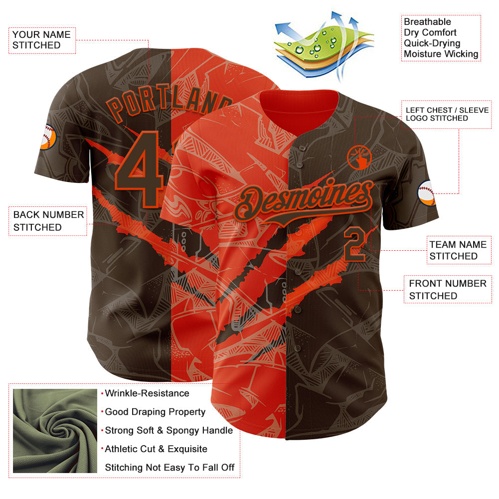 Custom Graffiti Pattern Brown-Orange 3D Scratch Authentic Baseball Jersey view 3