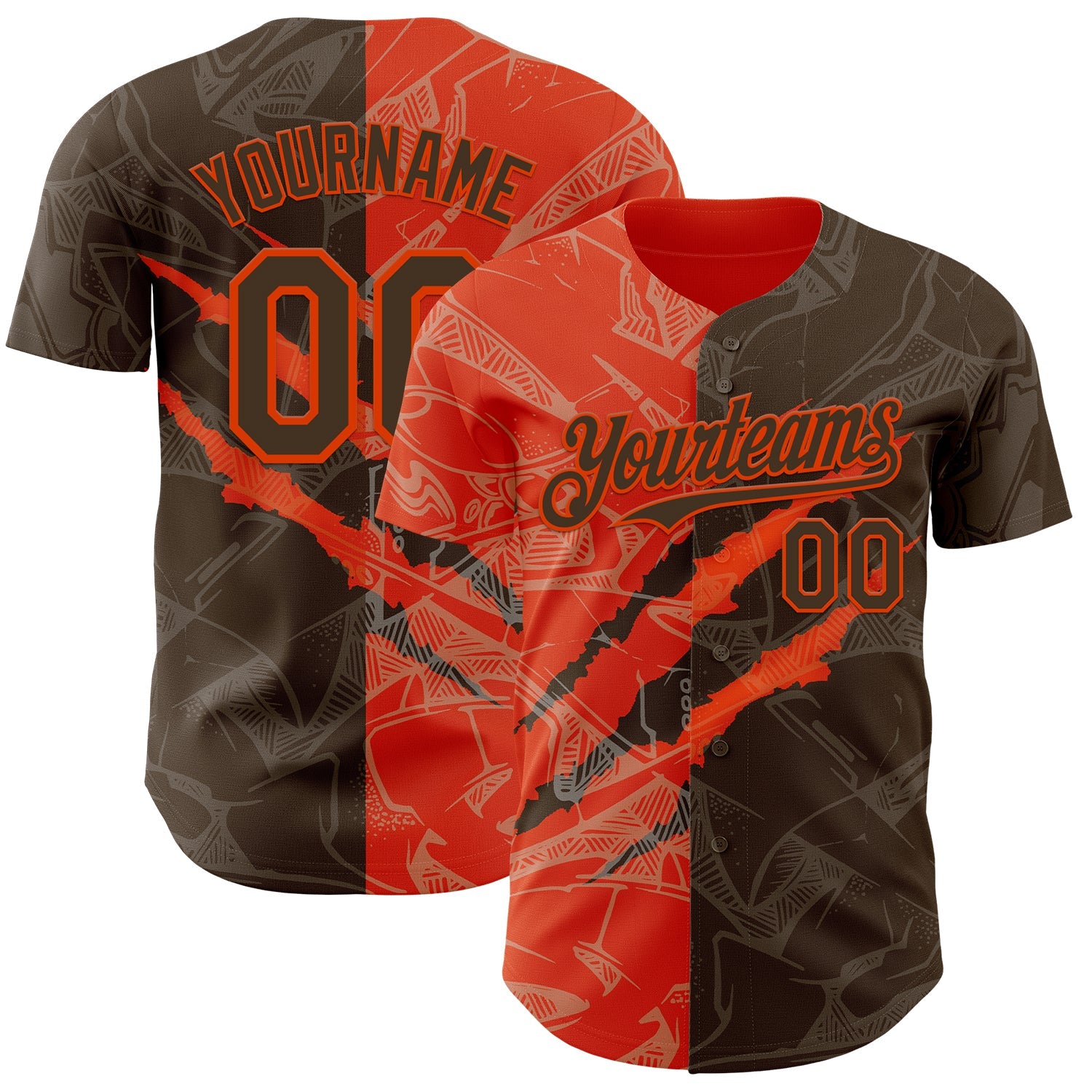 Custom Graffiti Pattern Brown-Orange 3D Scratch Authentic Baseball Jersey - Main View