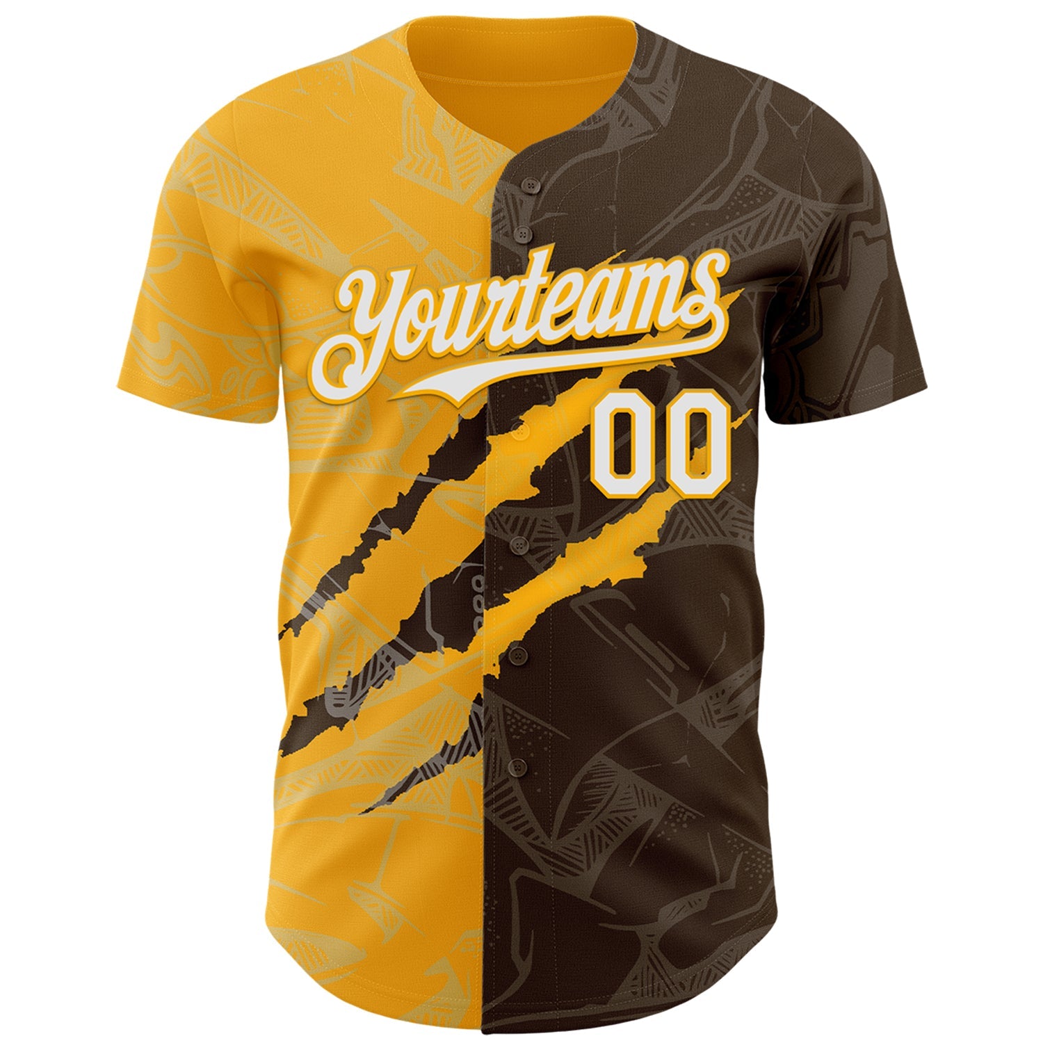 Custom Graffiti Pattern White Brown-Gold 3D Scratch Authentic Baseball Jersey view 2