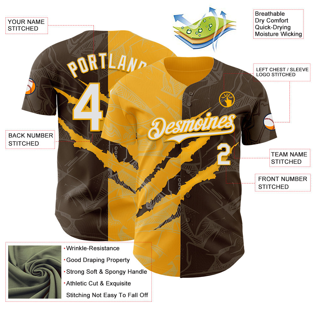 Custom Graffiti Pattern White Brown-Gold 3D Scratch Authentic Baseball Jersey view 3