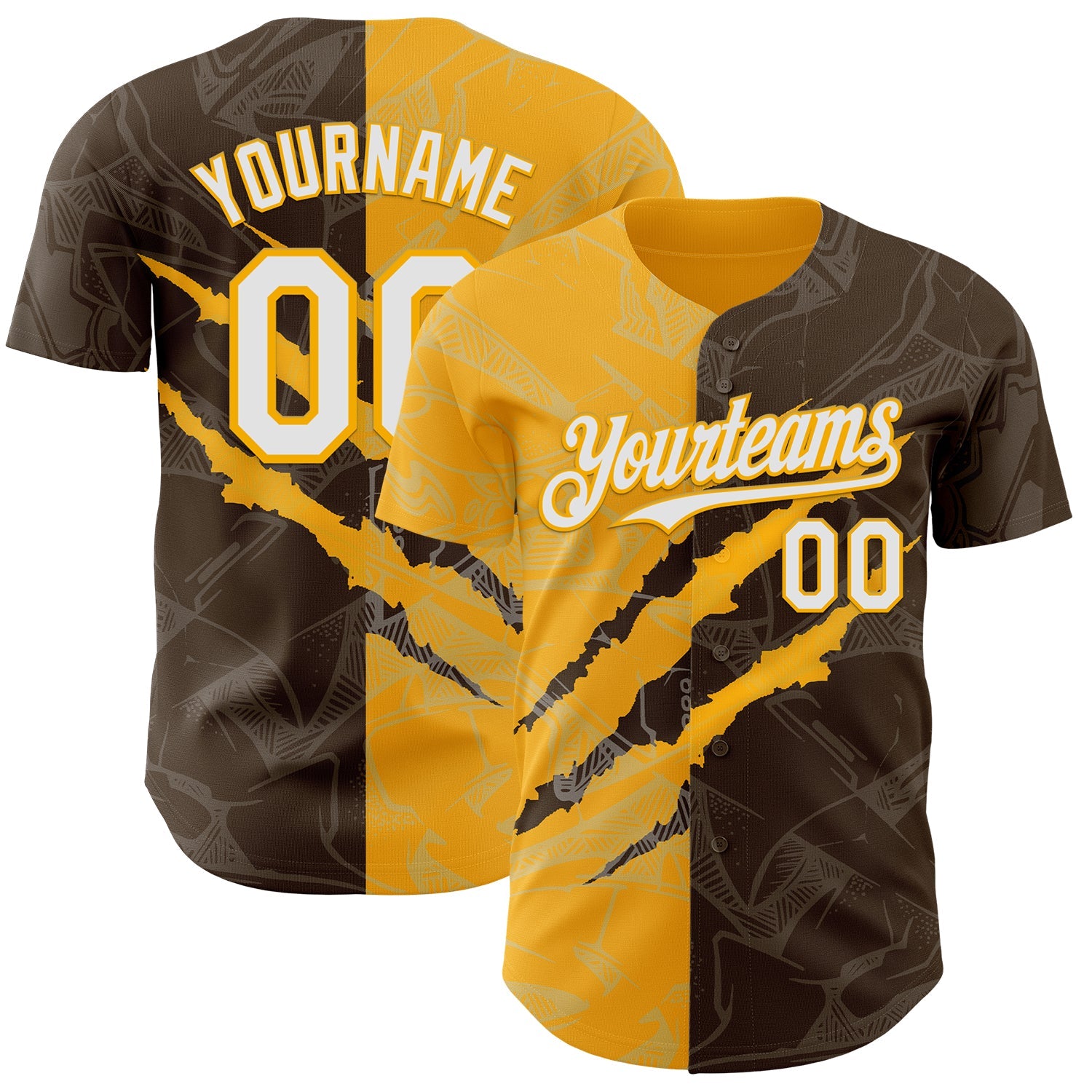 Custom Graffiti Pattern White Brown-Gold 3D Scratch Authentic Baseball Jersey - Main View