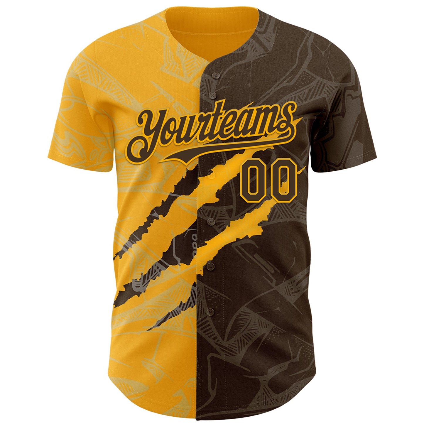 Custom Graffiti Pattern Brown-Gold 3D Scratch Authentic Baseball Jersey view 2