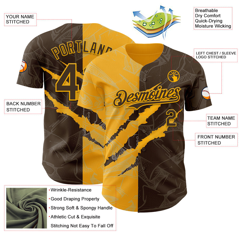 Custom Graffiti Pattern Brown-Gold 3D Scratch Authentic Baseball Jersey view 3