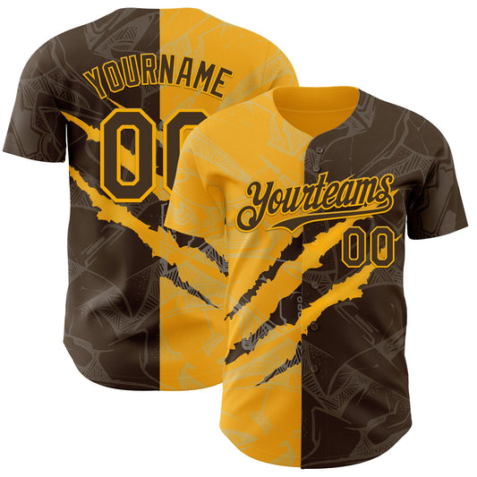 Custom Graffiti Pattern Brown-Gold 3D Scratch Authentic Baseball Jersey - Main View