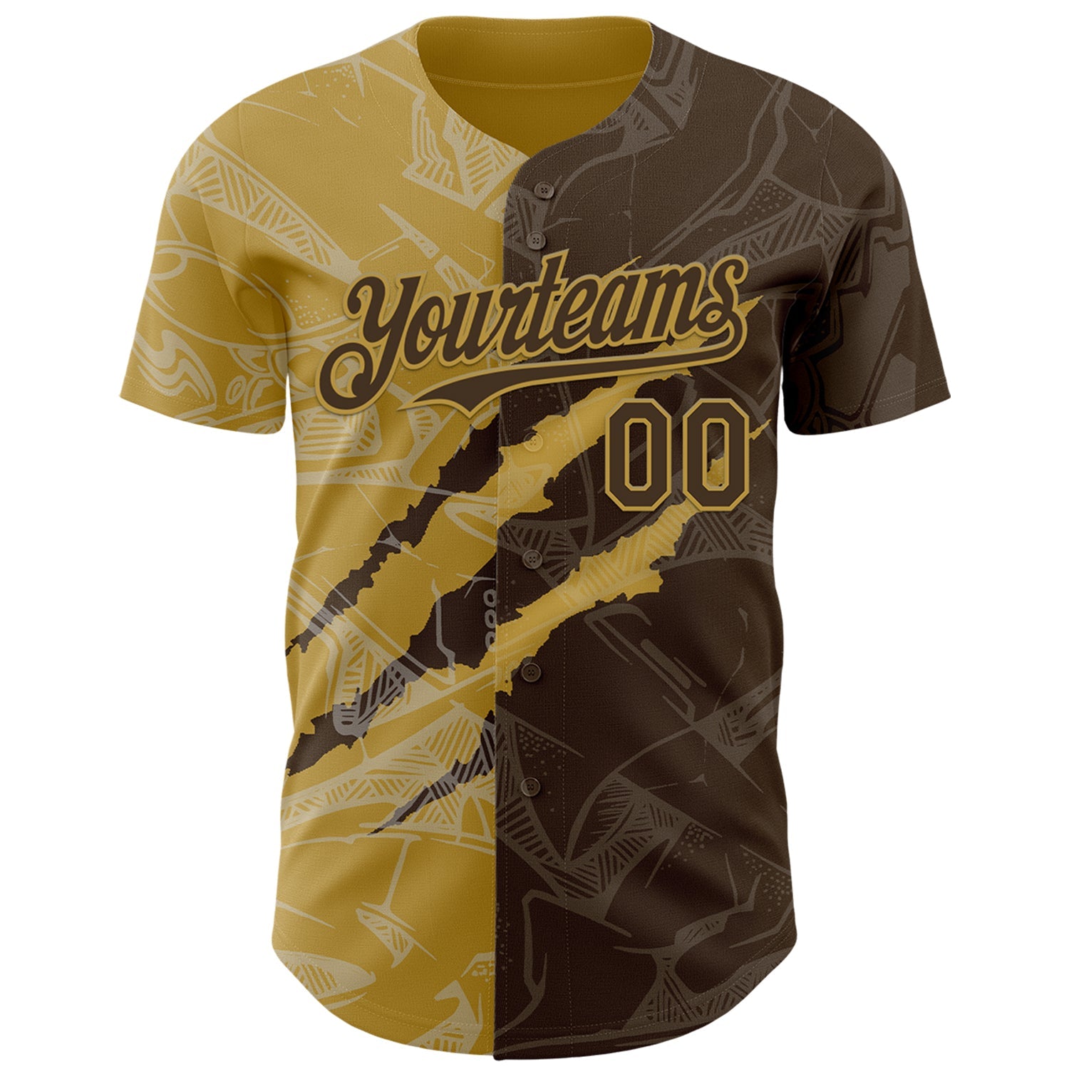 Custom Graffiti Pattern Brown-Old Gold 3D Scratch Authentic Baseball Jersey view 2