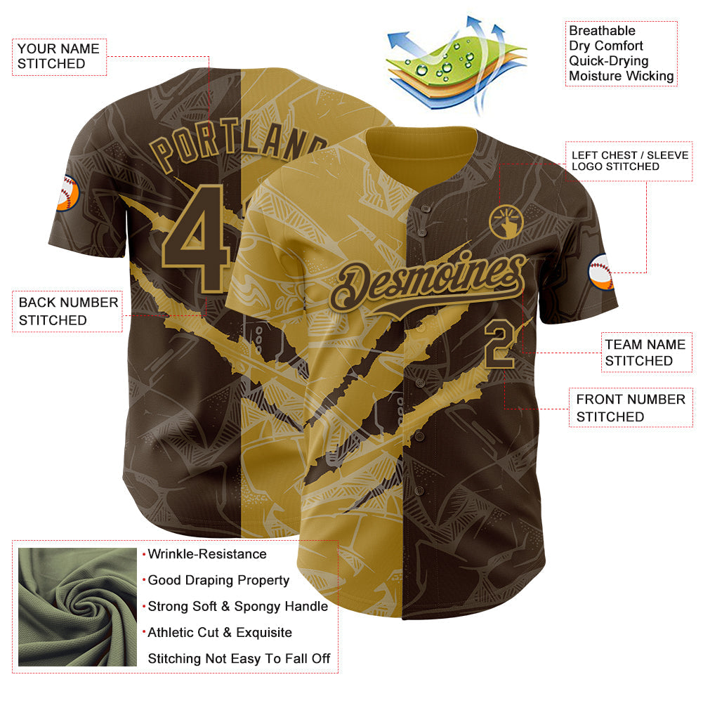 Custom Graffiti Pattern Brown-Old Gold 3D Scratch Authentic Baseball Jersey view 3