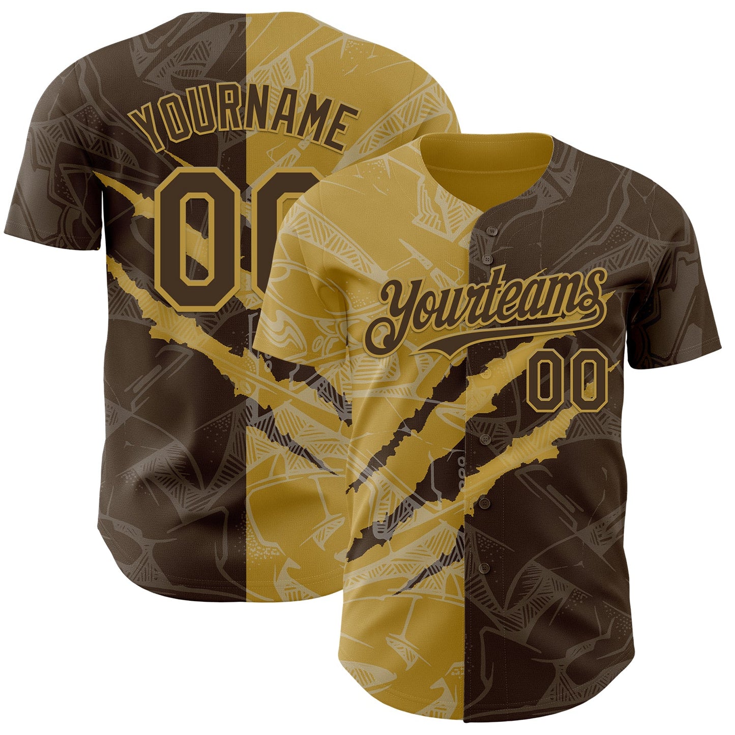 Custom Graffiti Pattern Brown-Old Gold 3D Scratch Authentic Baseball Jersey - Main View