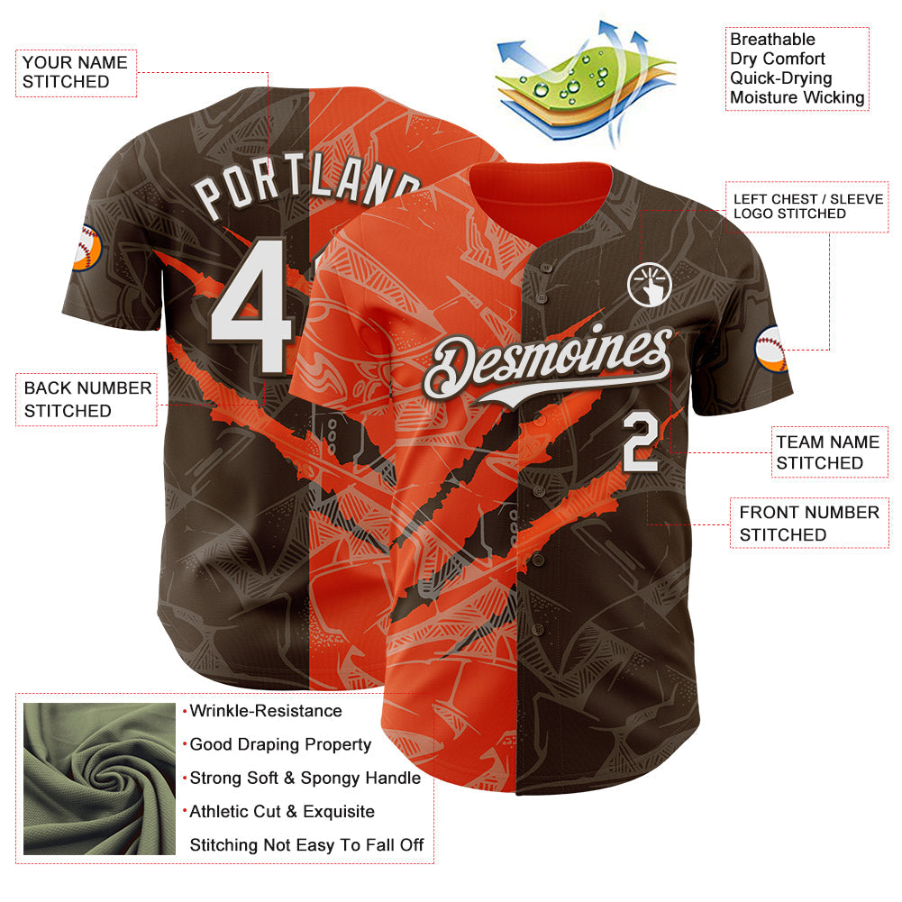 Custom Graffiti Pattern White Brown-Orange 3D Scratch Authentic Baseball Jersey view 3