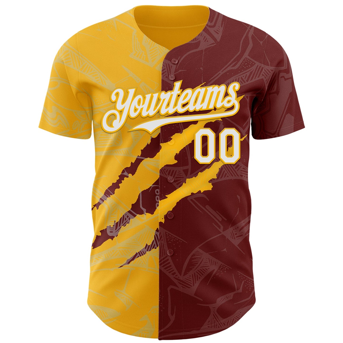 Custom Graffiti Pattern White Burgundy-Gold 3D Scratch Authentic Baseball Jersey view 2