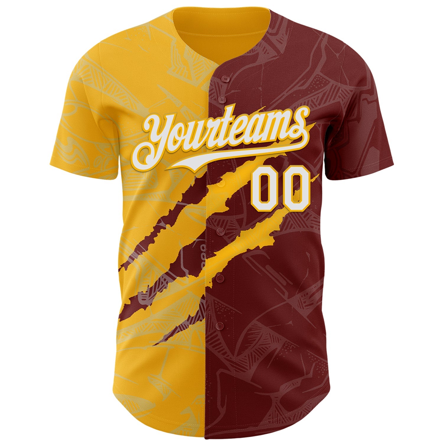 Custom Graffiti Pattern White Burgundy-Gold 3D Scratch Authentic Baseball Jersey view 2