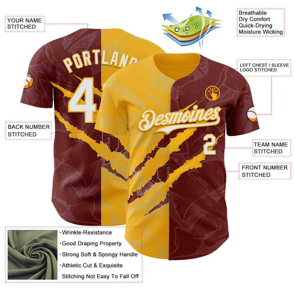 Custom Graffiti Pattern White Burgundy-Gold 3D Scratch Authentic Baseball Jersey view 3