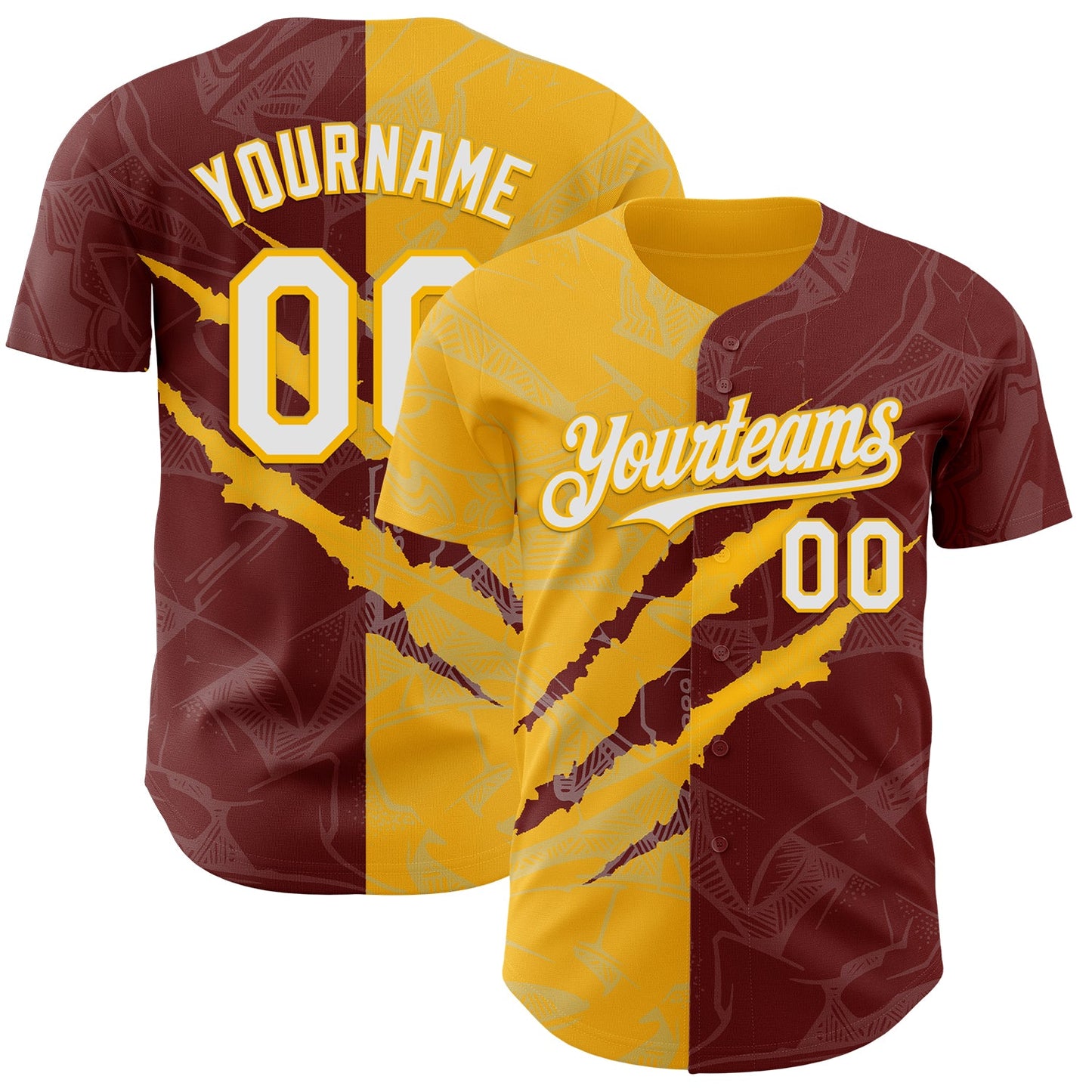 Custom Graffiti Pattern White Burgundy-Gold 3D Scratch Authentic Baseball Jersey - Main View