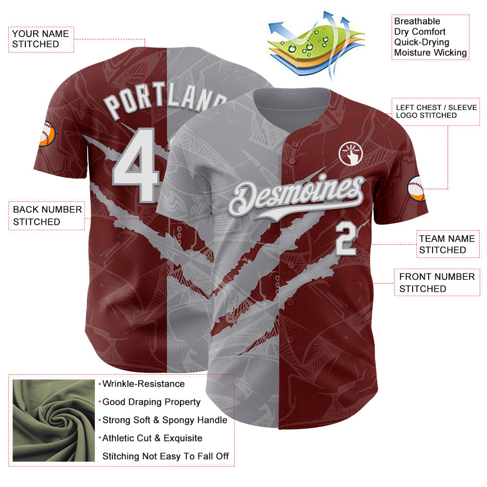 Custom Graffiti Pattern White Burgundy-Gray 3D Scratch Authentic Baseball Jersey view 3