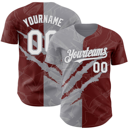 Custom Graffiti Pattern White Burgundy-Gray 3D Scratch Authentic Baseball Jersey - Main View