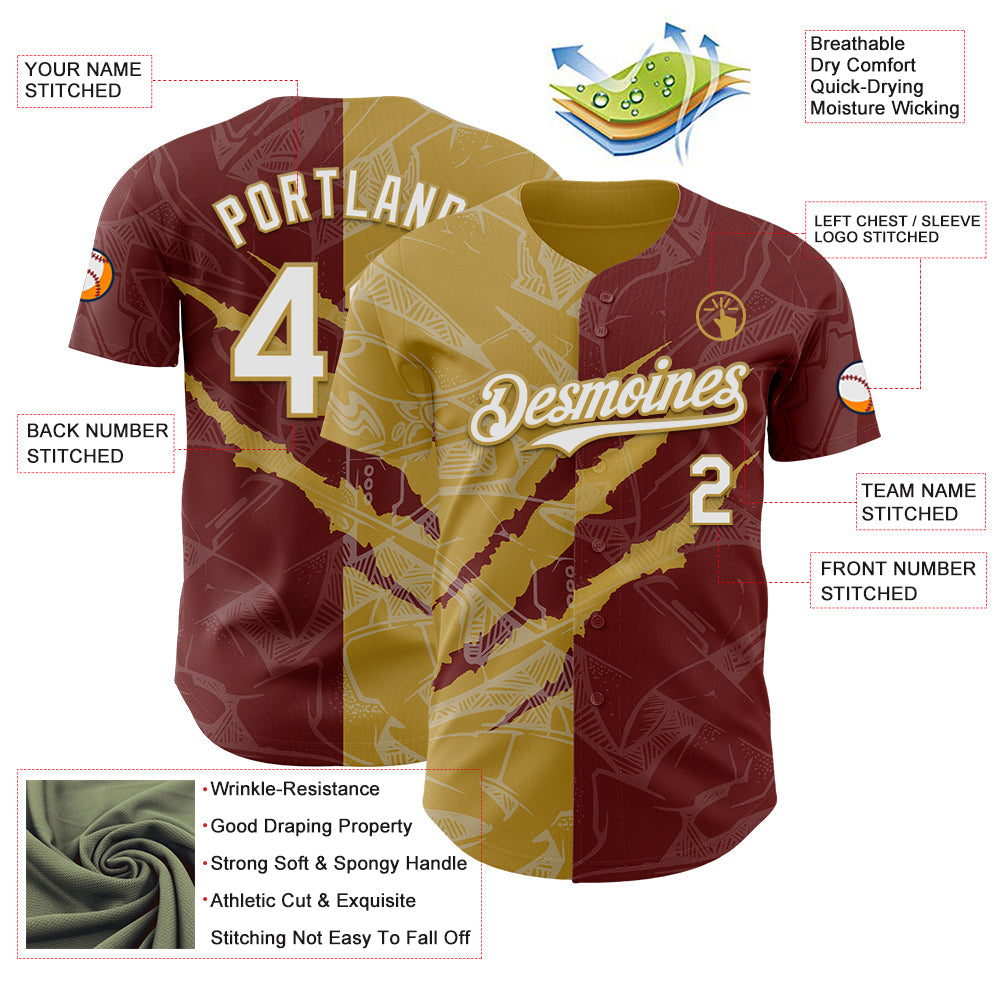 Custom Graffiti Pattern White Burgundy-Old Gold 3D Scratch Authentic Baseball Jersey view 3