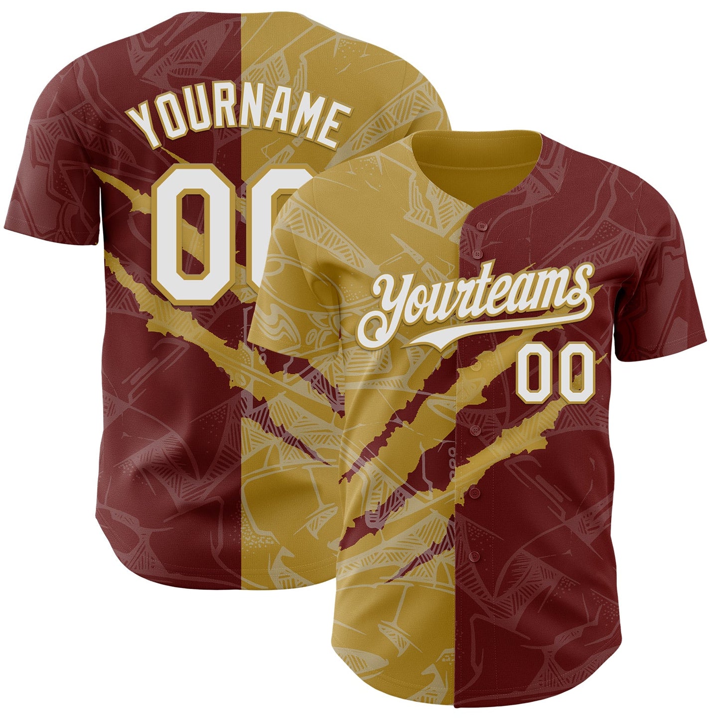 Custom Graffiti Pattern White Burgundy-Old Gold 3D Scratch Authentic Baseball Jersey - Main View