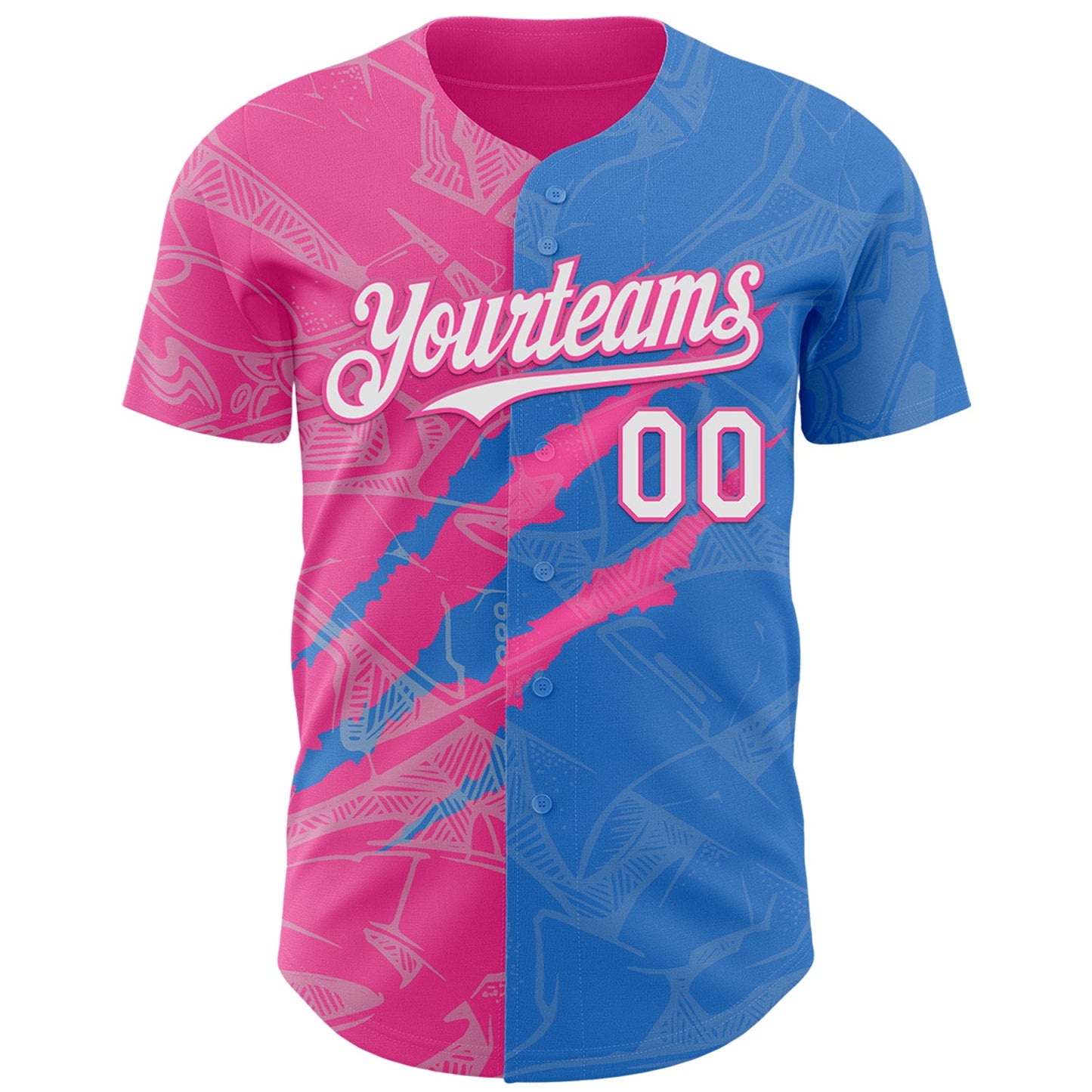Custom Graffiti Pattern White Electric Blue-Pink 3D Scratch Authentic Baseball Jersey view 2