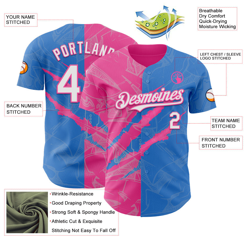 Custom Graffiti Pattern White Electric Blue-Pink 3D Scratch Authentic Baseball Jersey view 3