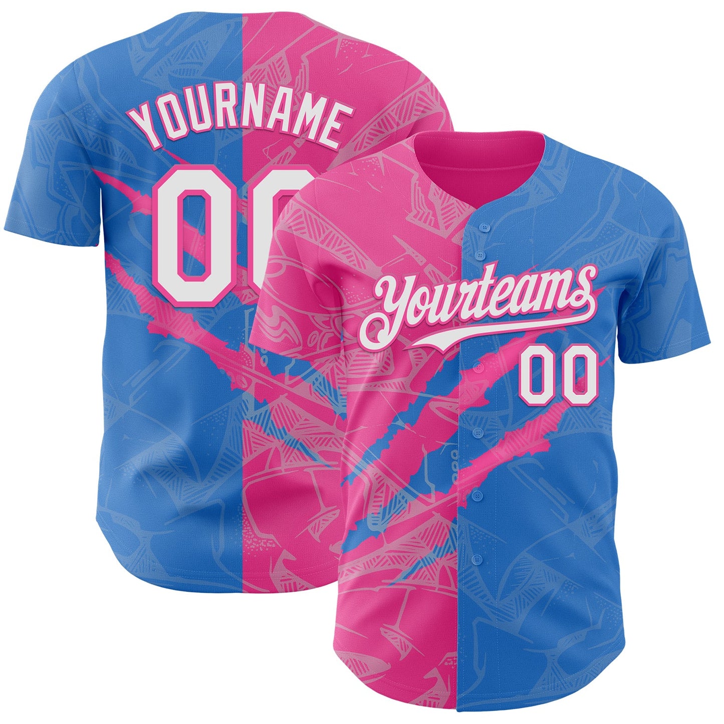 Custom Graffiti Pattern White Electric Blue-Pink 3D Scratch Authentic Baseball Jersey - Main View
