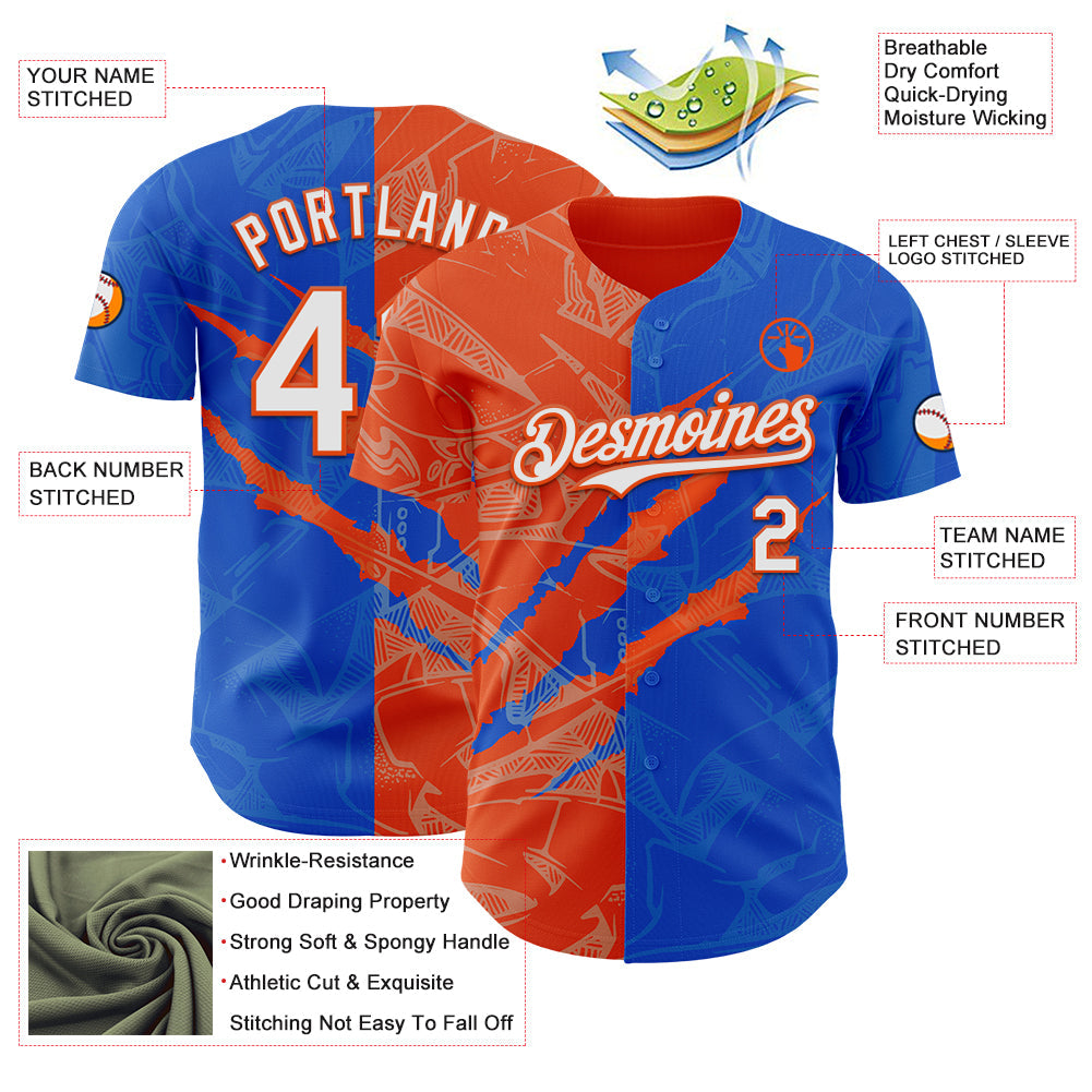 Custom Graffiti Pattern White Thunder Blue-Orange 3D Scratch Authentic Baseball Jersey view 3