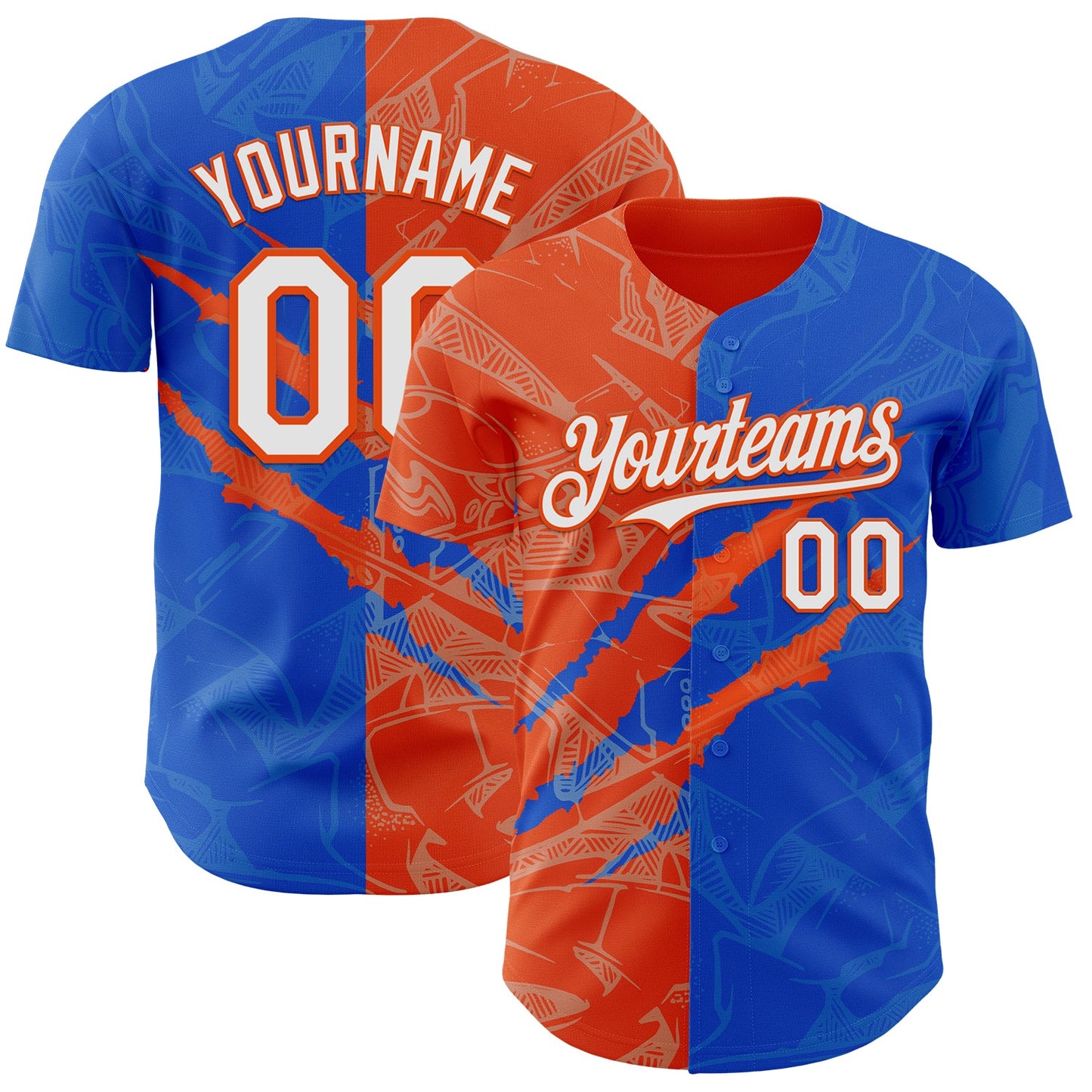 Custom Graffiti Pattern White Thunder Blue-Orange 3D Scratch Authentic Baseball Jersey - Main View
