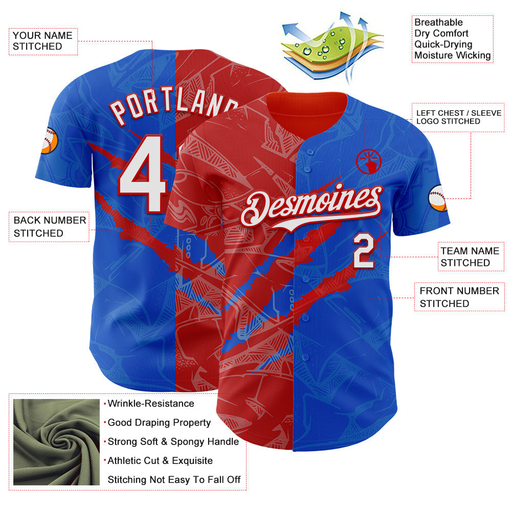 Custom Graffiti Pattern White Thunder Blue-Red 3D Scratch Authentic Baseball Jersey view 3