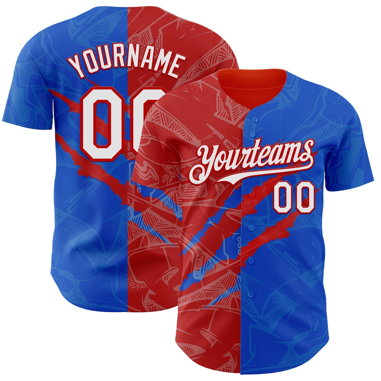 Custom Graffiti Pattern White Thunder Blue-Red 3D Scratch Authentic Baseball Jersey - Main View