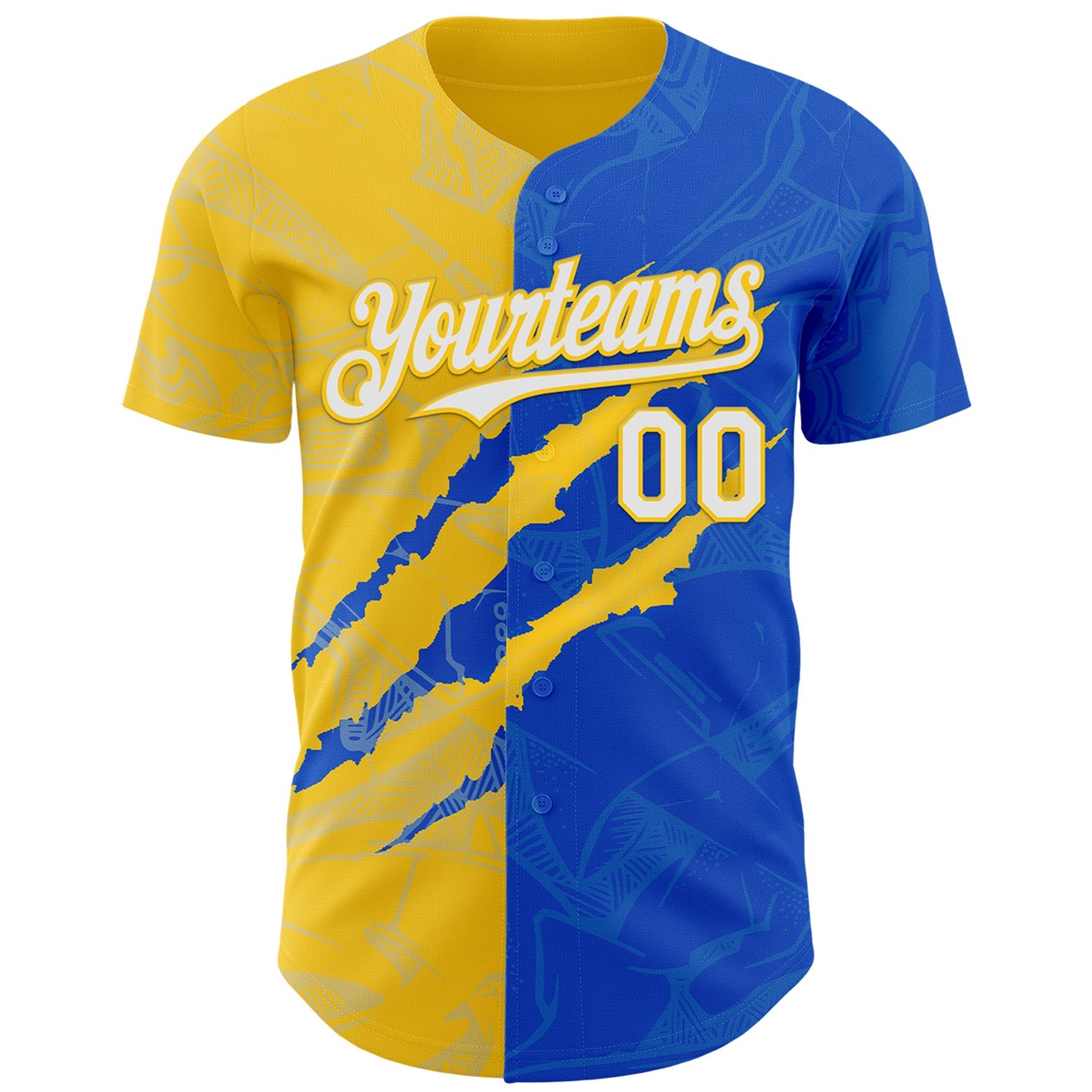 Custom Graffiti Pattern White Thunder Blue-Yellow 3D Scratch Authentic Baseball Jersey view 2