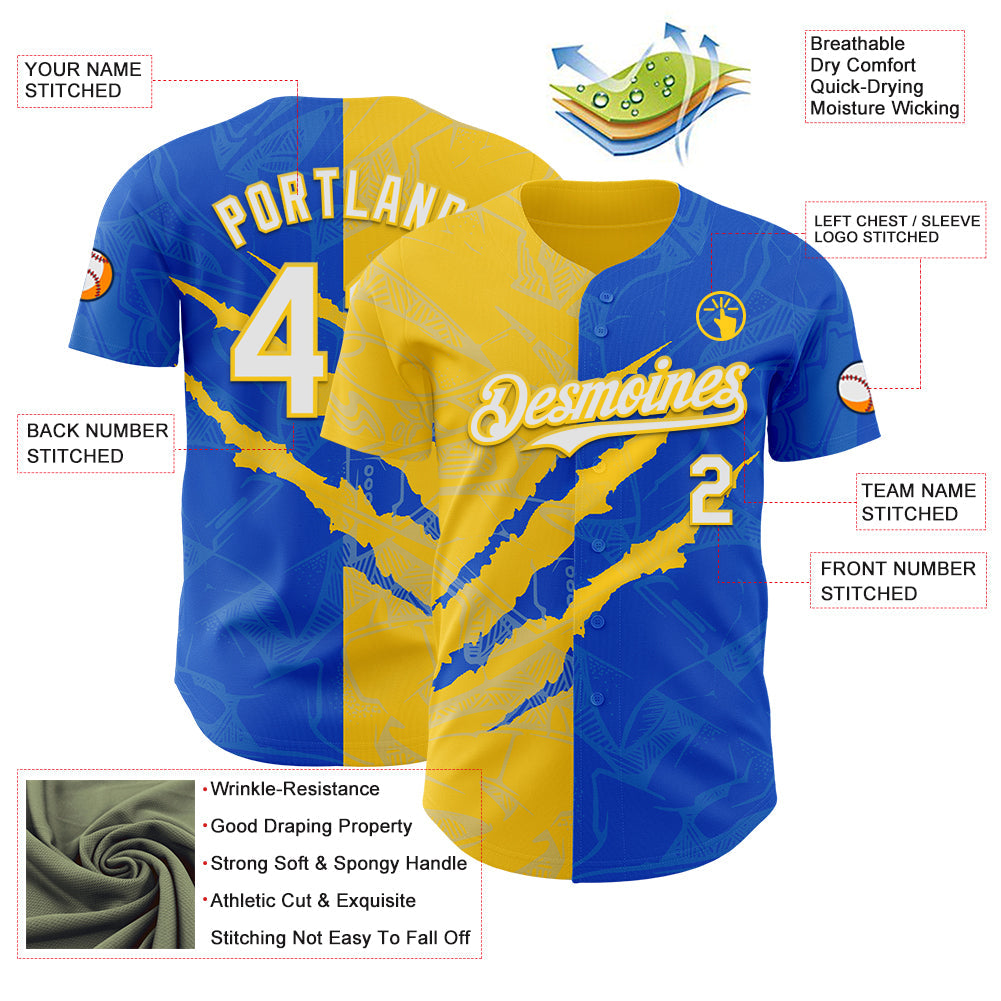 Custom Graffiti Pattern White Thunder Blue-Yellow 3D Scratch Authentic Baseball Jersey view 3