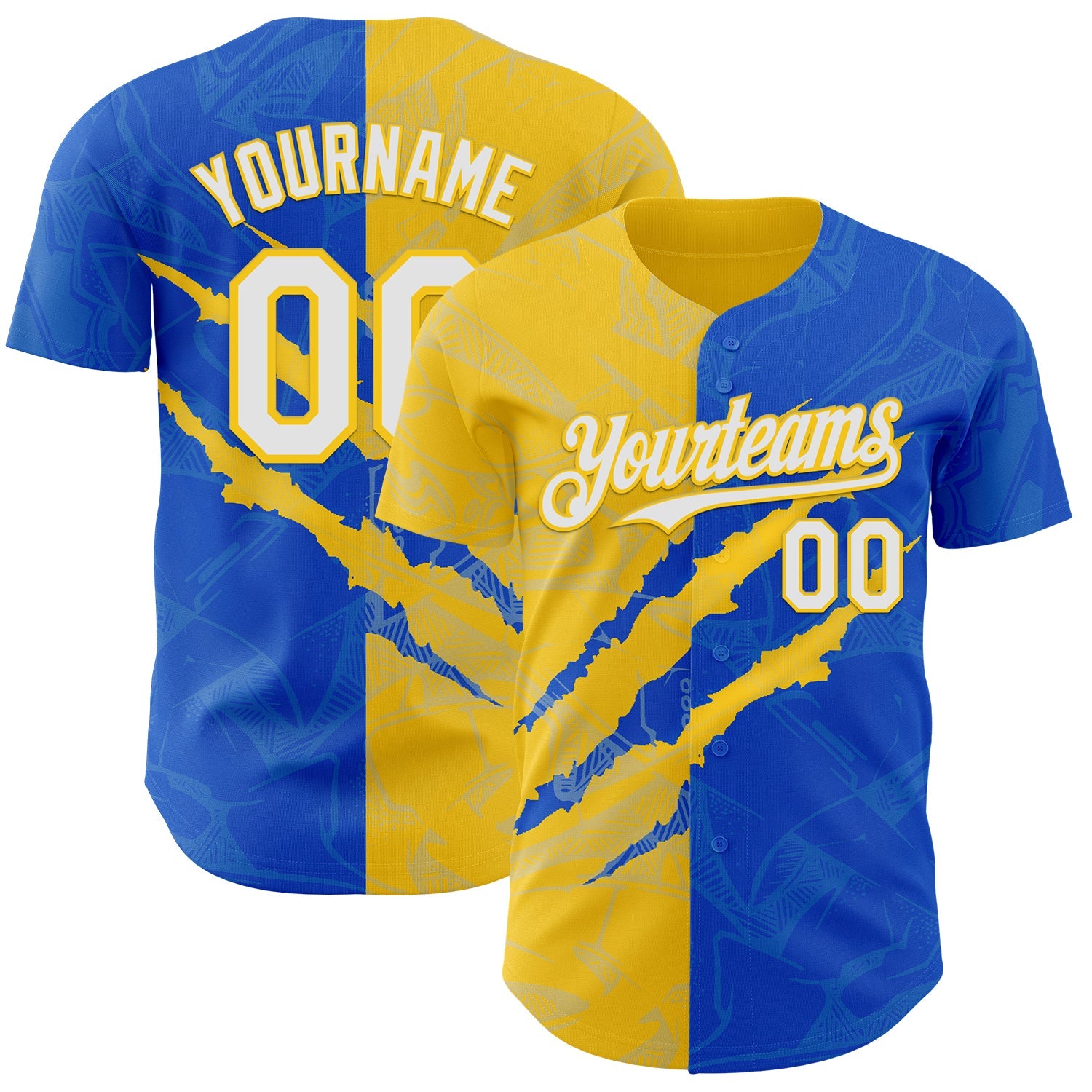 Custom Graffiti Pattern White Thunder Blue-Yellow 3D Scratch Authentic Baseball Jersey - Main View
