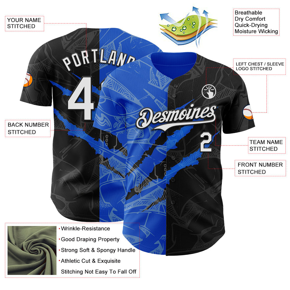 Custom Graffiti Pattern White Black-Thunder Blue 3D Scratch Authentic Baseball Jersey view 3