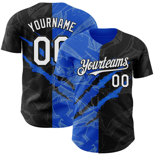 Custom Graffiti Pattern White Black-Thunder Blue 3D Scratch Authentic Baseball Jersey - Main View