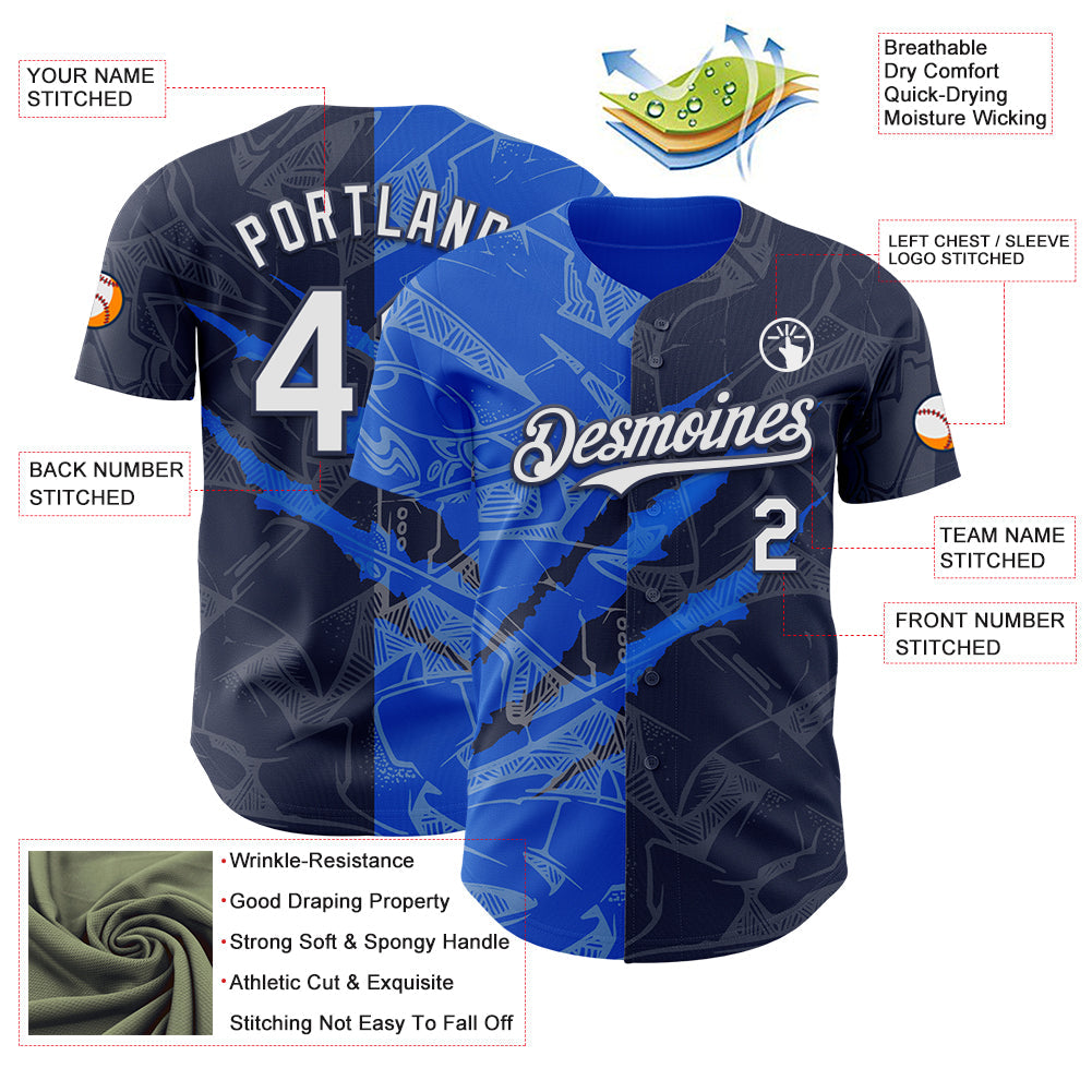 Custom Graffiti Pattern White Navy-Thunder Blue 3D Scratch Authentic Baseball Jersey view 3