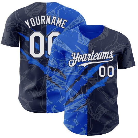 Custom Graffiti Pattern White Navy-Thunder Blue 3D Scratch Authentic Baseball Jersey - Main View