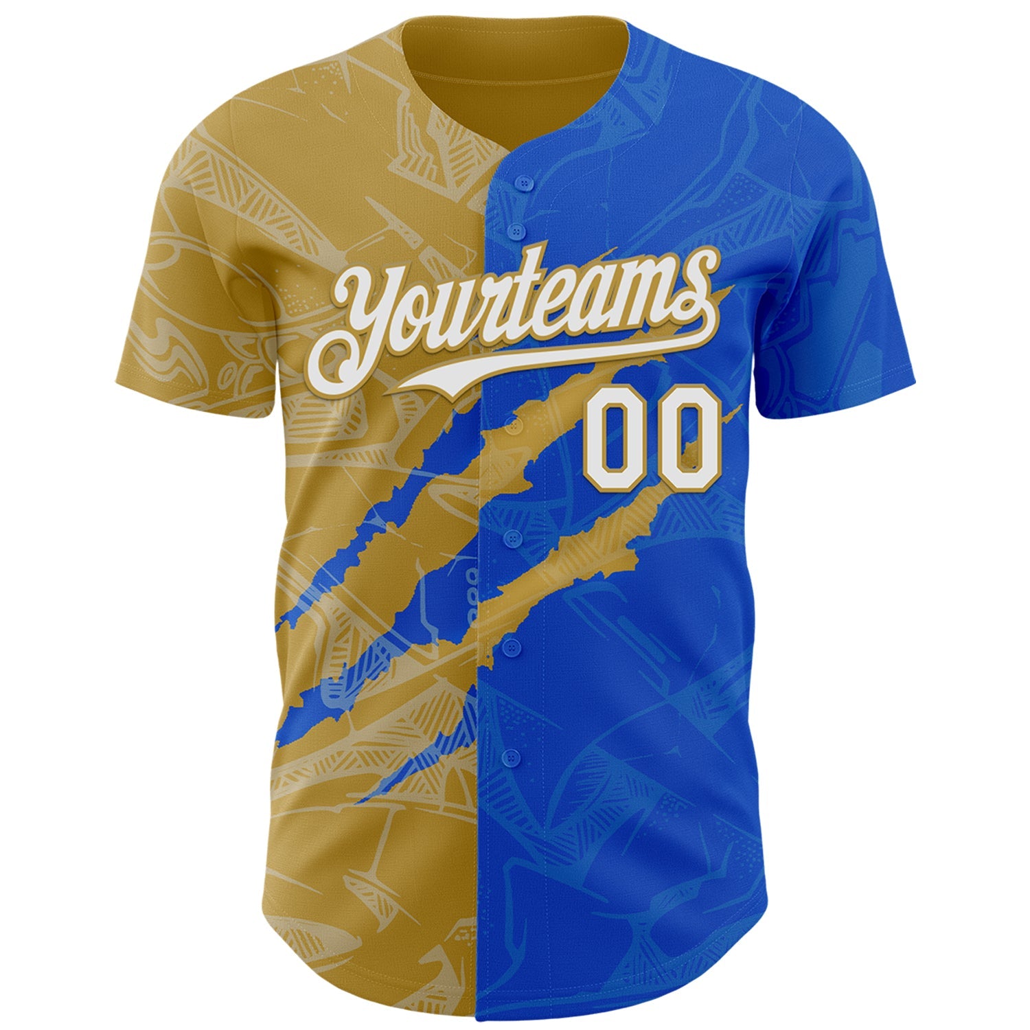 Custom Graffiti Pattern White Thunder Blue-Old Gold 3D Scratch Authentic Baseball Jersey view 2