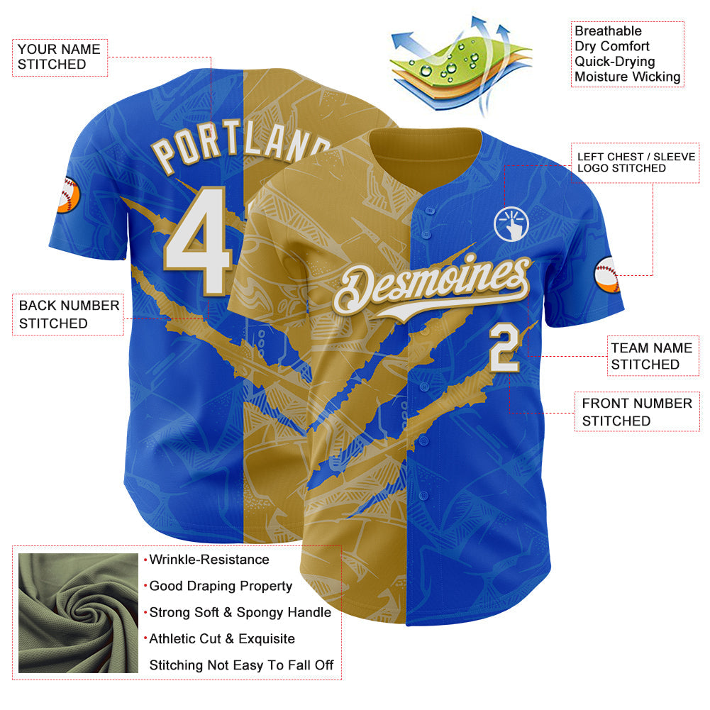 Custom Graffiti Pattern White Thunder Blue-Old Gold 3D Scratch Authentic Baseball Jersey view 3