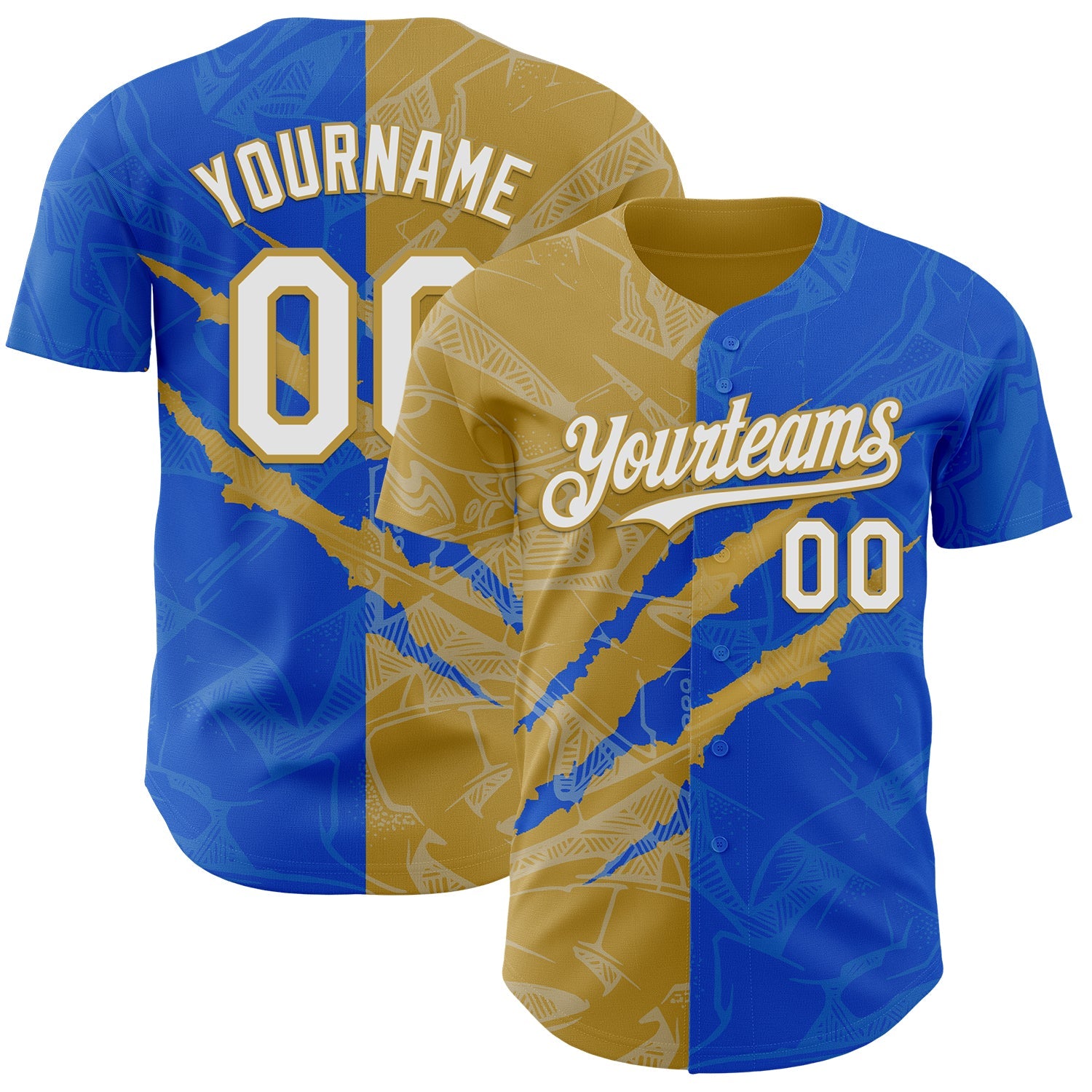 Custom Graffiti Pattern White Thunder Blue-Old Gold 3D Scratch Authentic Baseball Jersey - Main View
