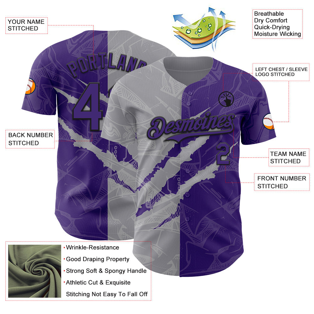 Custom Graffiti Pattern Purple Gray-Black 3D Scratch Authentic Baseball Jersey view 3