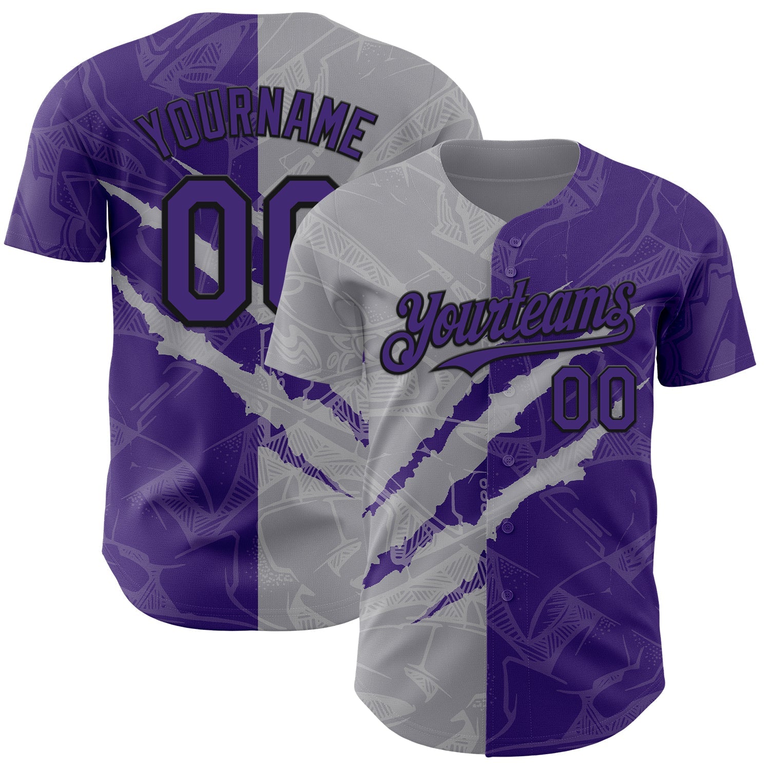 Custom Graffiti Pattern Purple Gray-Black 3D Scratch Authentic Baseball Jersey - Main View