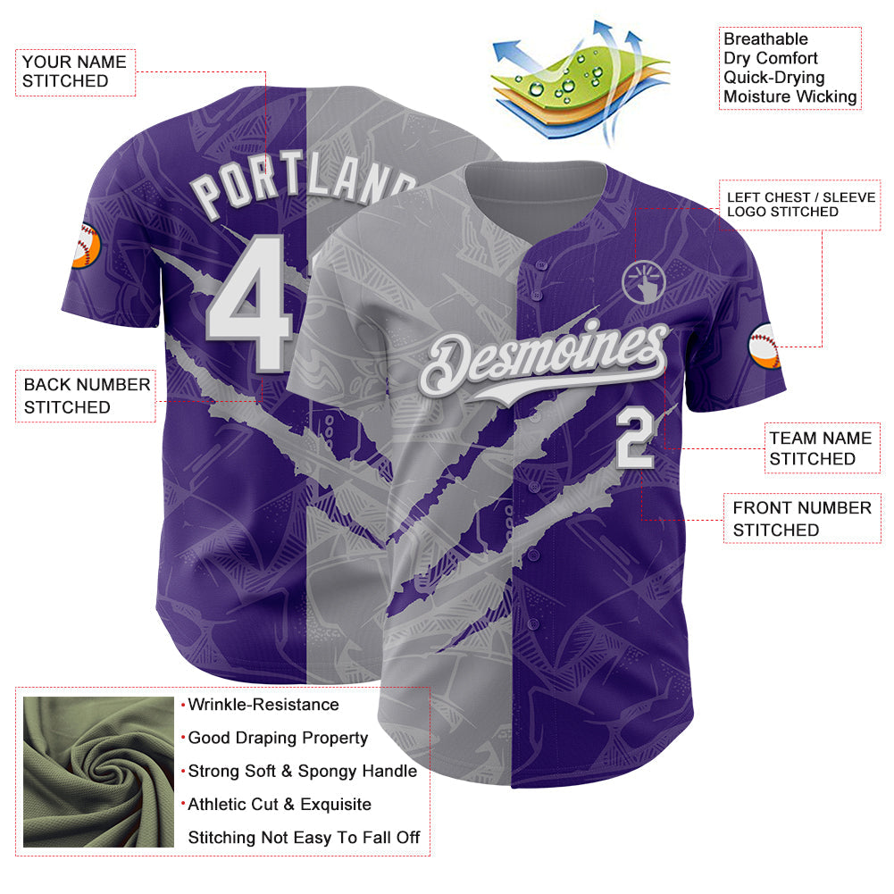 Custom Graffiti Pattern White Purple-Gray 3D Scratch Authentic Baseball Jersey view 3