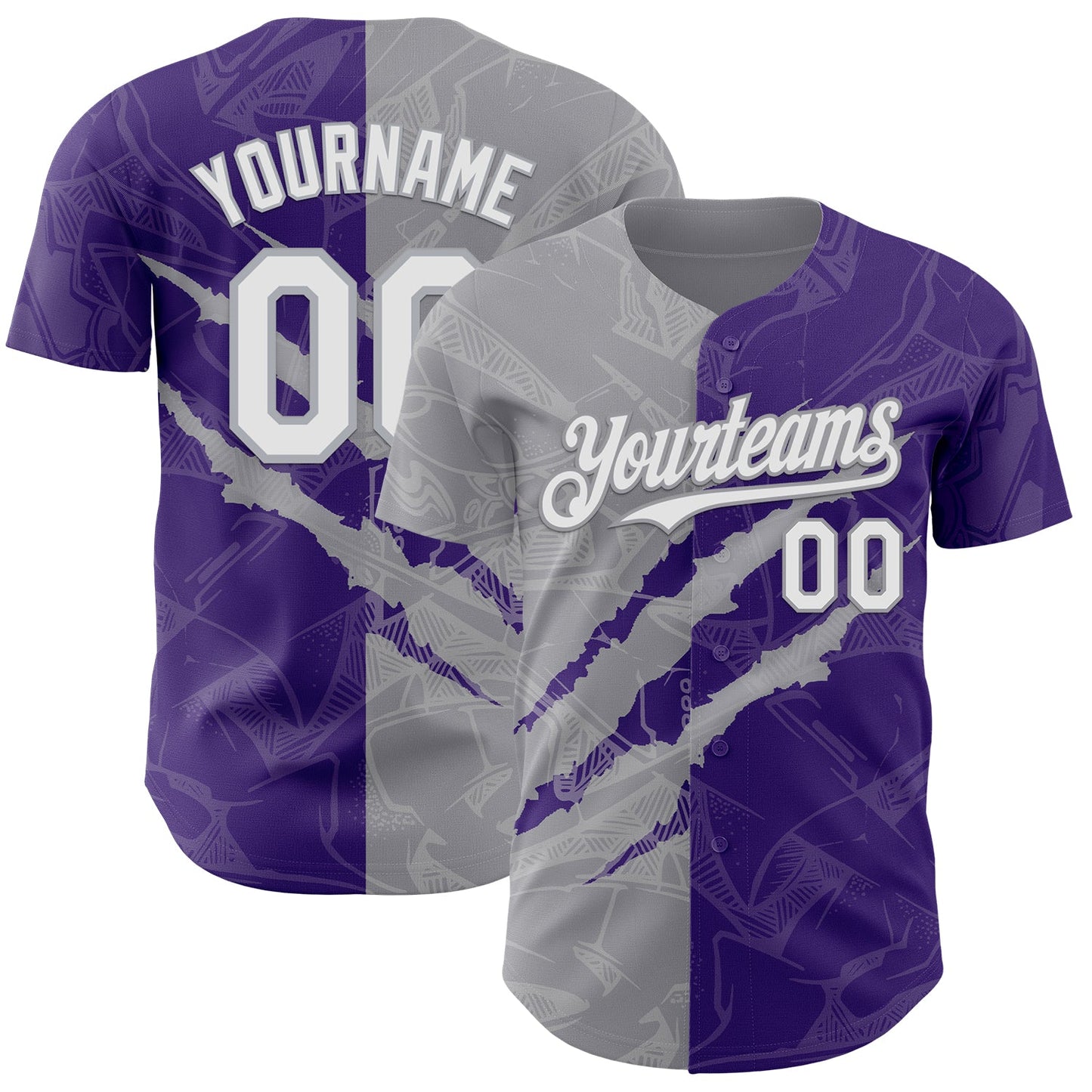 Custom Graffiti Pattern White Purple-Gray 3D Scratch Authentic Baseball Jersey - Main View