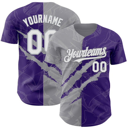 Custom Graffiti Pattern White Purple-Gray 3D Scratch Authentic Baseball Jersey - Main View